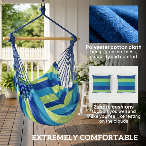 Hammock Chair Swing Hanging Macrame Chair w/ Two Soft Seat Cushions, Blue and Green