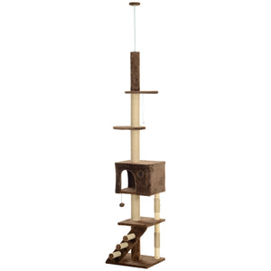 226-264cm Cat Tree with Scratching Post, 3 Steps, Hanging Ball, Brown 