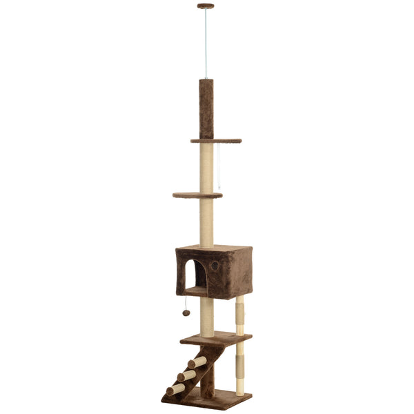 226-264cm Cat Tree with Scratching Post, 3 Steps, Hanging Ball, Brown 