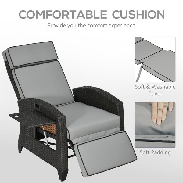 Outdoor Recliner Chair with Adjustable Backrest, Cushion, Side Tray, Light Grey