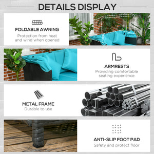 Patio Daybed, Outdoor Wicker Double Daybed, PE Rattan Sun Lounger for 2-Person with Cushions, and Foldable Awning, for Garden, Balcony, Poolside, Green