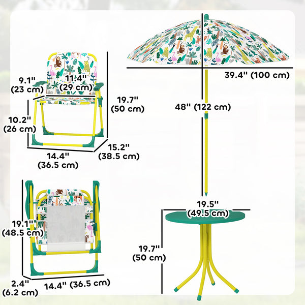 Qaba Kids Picnic Table, Kids Table and Chair Set with 2 Folding Chairs and Umbrella for Backyard, Garden, Patio, Green