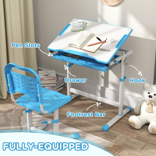 Height Adjustable Study Table and Chair Set with Drawer, Blue