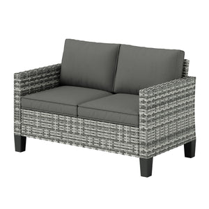 Two-seater outdoor rattan sofa with cushions and armrests, dark grey