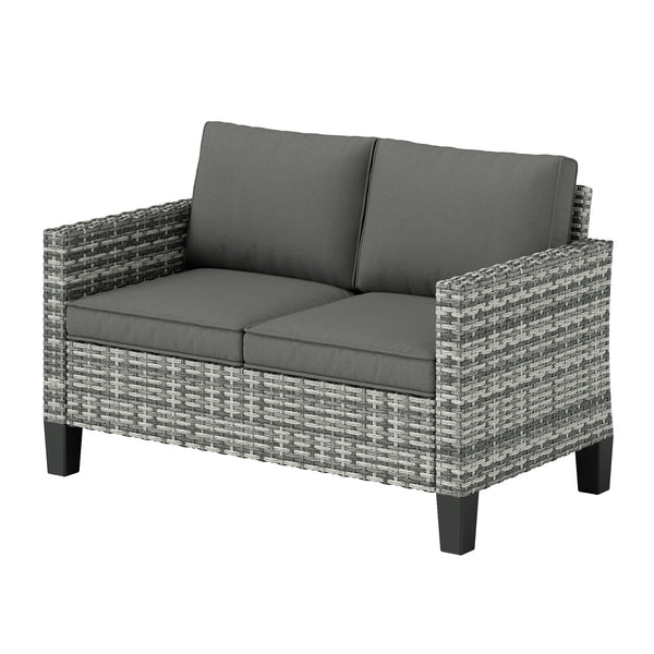 Two-seater outdoor rattan sofa with cushions and armrests, dark grey