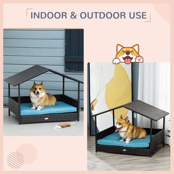 Wicker dog bed with cushion for indoor/outdoor use