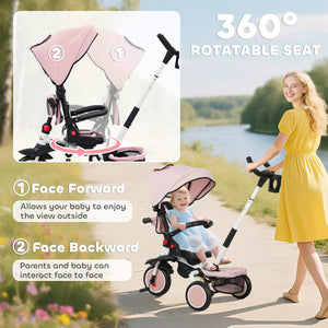 6 in 1 Tricycle with Push Handle, Removable Canopy, Swivel Seat, Pink