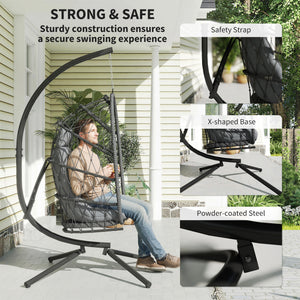 Egg hanging chair with stand, foldable braided rattan swing with thick cushion and safety rope, grey