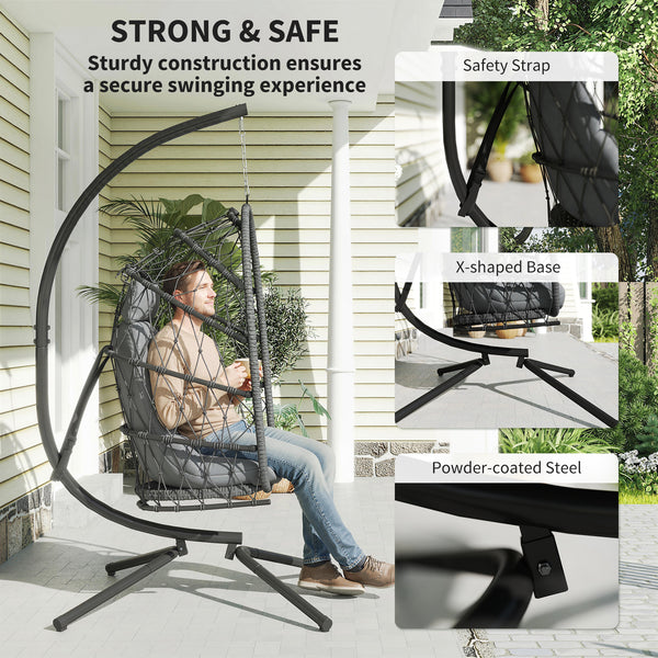 Egg hanging chair with stand, foldable braided rattan swing with thick cushion and safety rope, grey