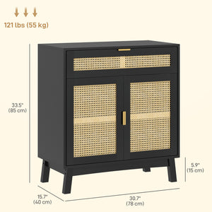 Bohemian style sideboard with rattan doors, black