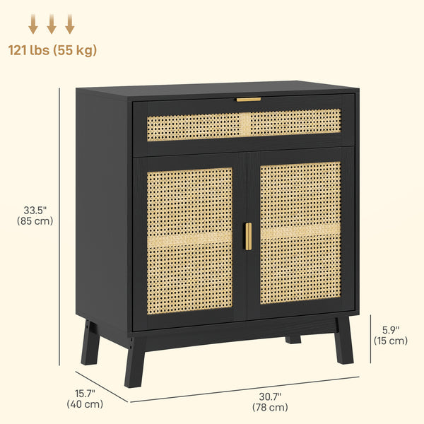 Bohemian style sideboard with rattan doors, black