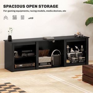 TV unit with LED lighting and adjustable glass shelves, for TVs up to 65 inches, black