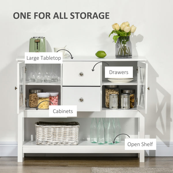 Glass Door Sideboard with Storage Drawers and Adjustable Shelves, Console Table for Living Room, Kitchen, Entryway, White