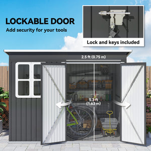 Outdoor garden shed made of galvanized steel, with window, wide lockable doors and vents, dark gray