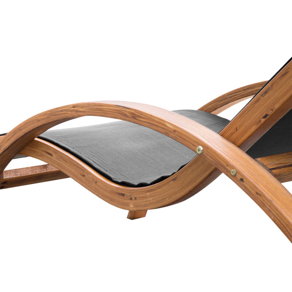 Wooden outdoor lounge chair, reclining with headrest, teak and black