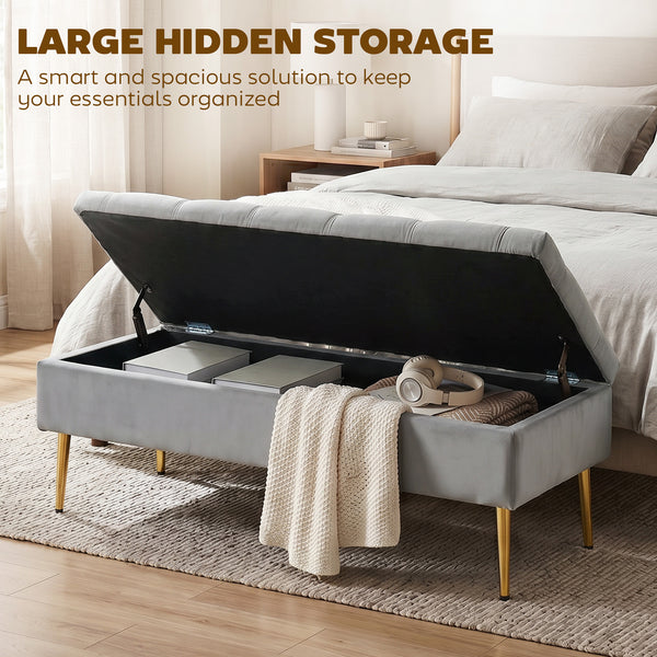Ottoman storage bench, velvet tufted seat and gold legs – Gray and gold