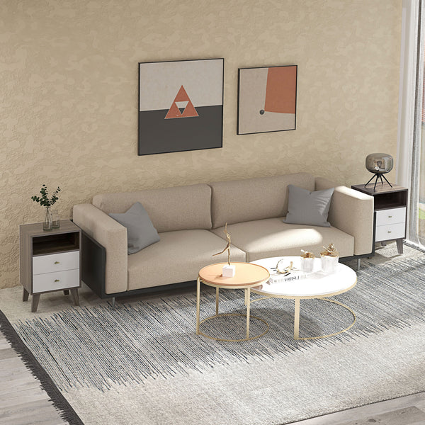 Set of 2 modern bedside tables with 3 drawers and open storage, gray