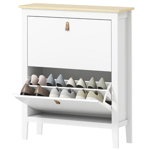 Narrow white and oak-effect shoe cabinet with 2 tilt drawers – 10 to 14 pairs