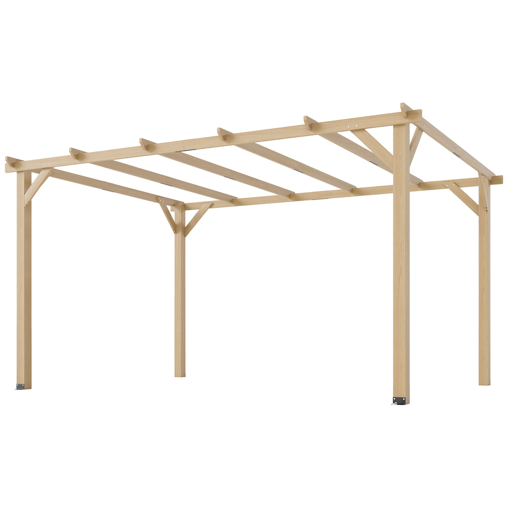 10' x 13' wooden pergola, triangular supports, concrete anchors, natural wood
