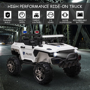 2-seater police truck, 12V with LED lights and MP3 player, white