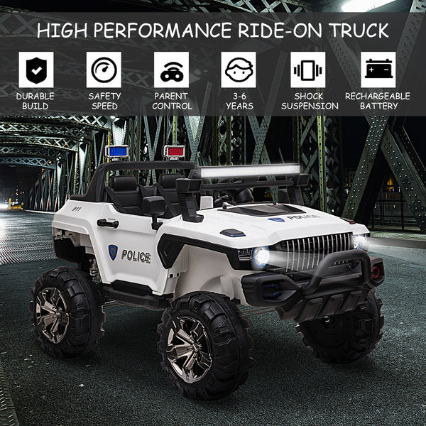 2-seater police truck, 12V with LED lights and MP3 player, white