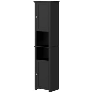 Freestanding bathroom storage unit with shelves and 2 cupboards, black