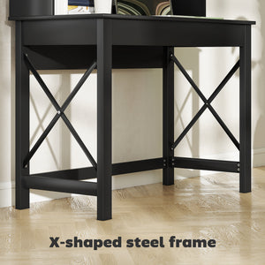 Computer desk with shelf, storage and open compartments, black