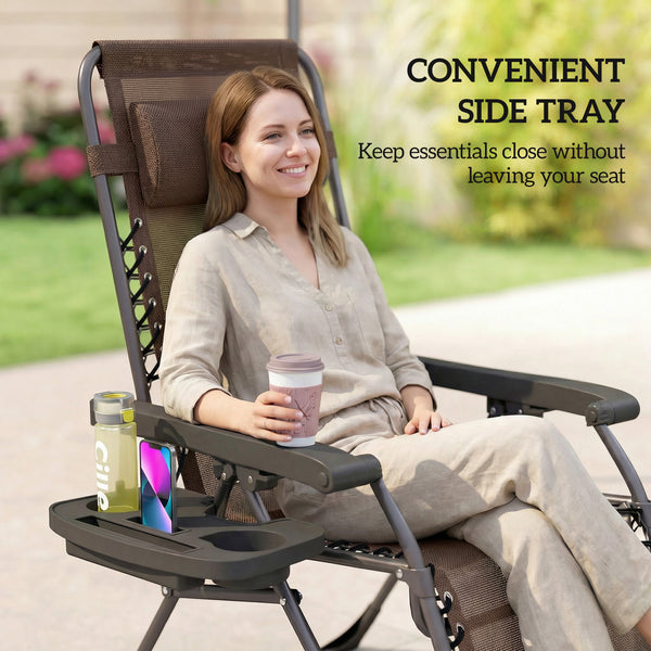 Set of 2 Zero Gravity Outdoor Lounge Chairs, Folding and Reclining, with Cup Holder and Headrest, Brown