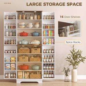 Farmhouse-style tall pantry with 2 cabinets, door, and adjustable shelves, white