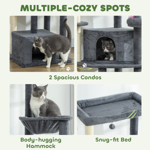 Tall cat tree with scratching posts, perches, caves, hammock and pom-poms, for 2 to 3 indoor cats, dark grey