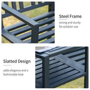 2-seater metal garden bench with central table, black