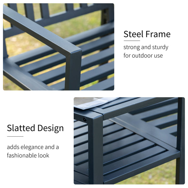 2-seater metal garden bench with central table, black