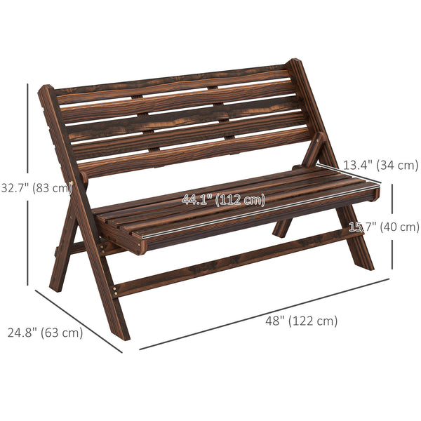 2-seater wooden outdoor bench with slatted back and seat, carbonized finish