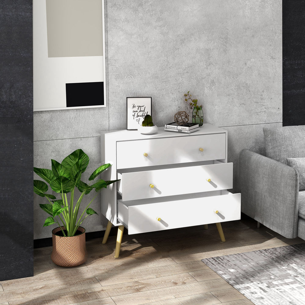White chest of drawers with 3 drawers, modern chest of drawers with solid wood legs and handles, white
