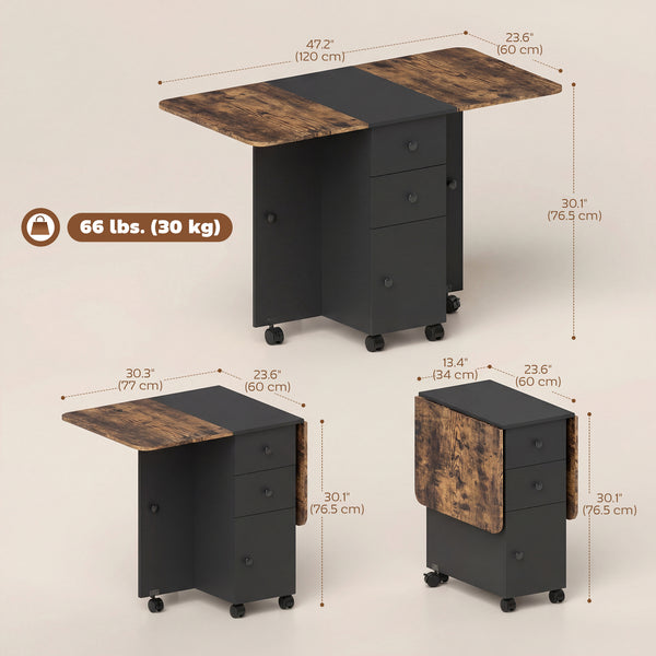 Drop-leaf dining table on casters with drawers and cupboard, rustic brown and black.