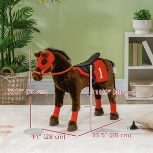 Horse to ride with neighing, saddle and stirrups, brown