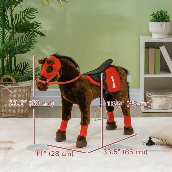 Horse to ride with neighing, saddle and stirrups, brown