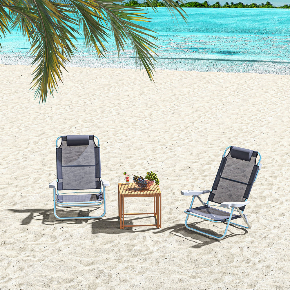 Set of 2 beach chairs, camping chairs with adjustable backrest and headrest, dark blue