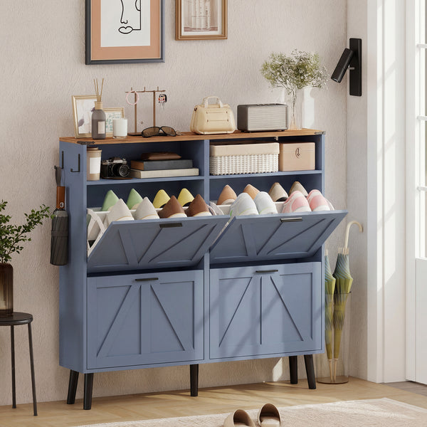 Shoe cabinet with 4 tip-out drawers, country style, narrow, holds up to 24 pairs, blue