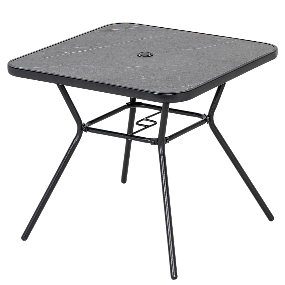 Square outdoor table with faux marble top and umbrella hole, dark gray