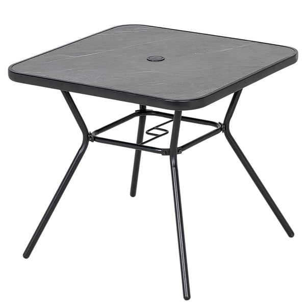 Square outdoor table with faux marble top and umbrella hole, dark gray