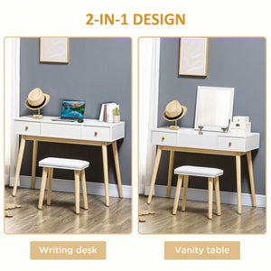 Dressing table with folding mirror and padded stool, white 