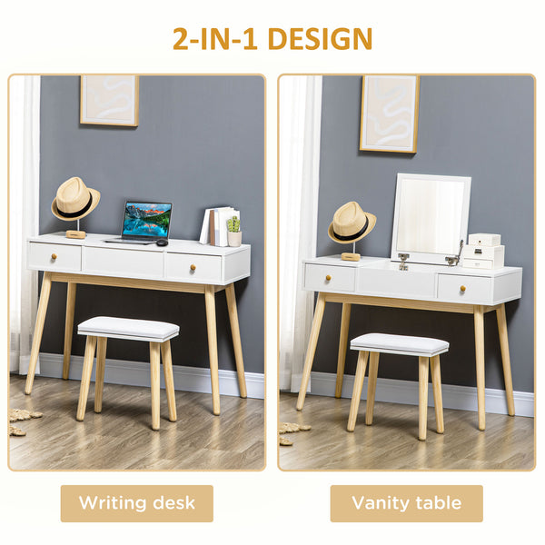 Dressing table with folding mirror and padded stool, white 