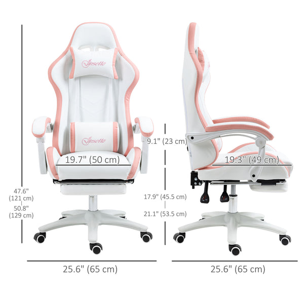 PU leather gaming chair with footrest, reclining backrest, white