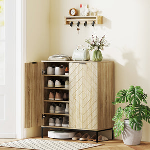 15 Pair Shoe Rack with Doors and Adjustable Shelves for Hallway, Oak