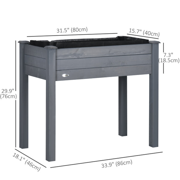 Raised wooden planter with legs, drainage holes and inner bag, dark grey