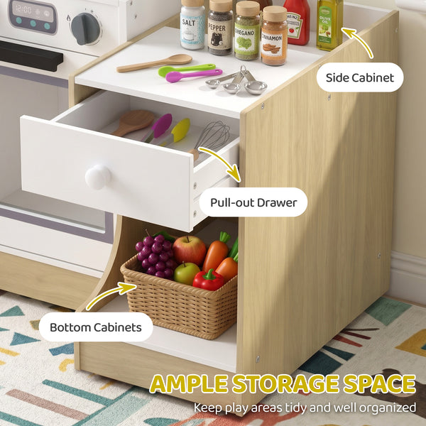 Play kitchen convertible into a table and chair with accessories and storage, white