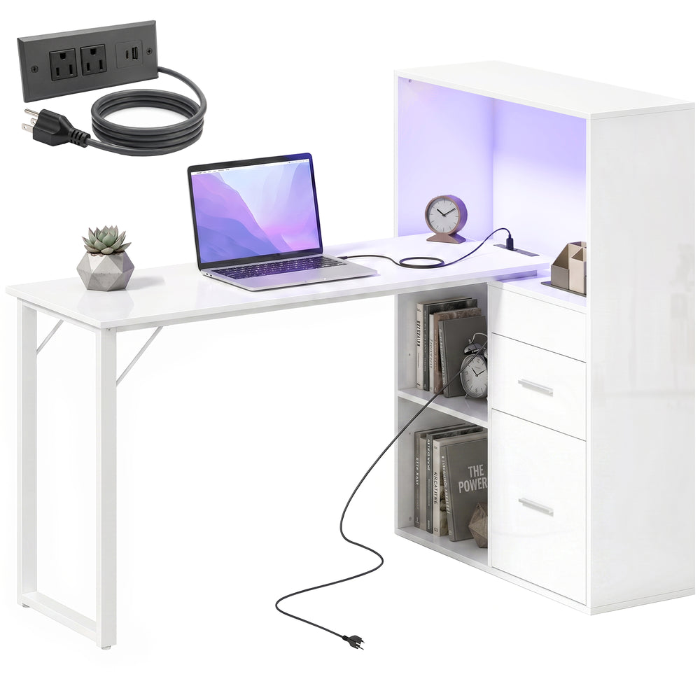 54" Computer Desk with Drawers and Storage, Power Outlets and LED Lighting, White