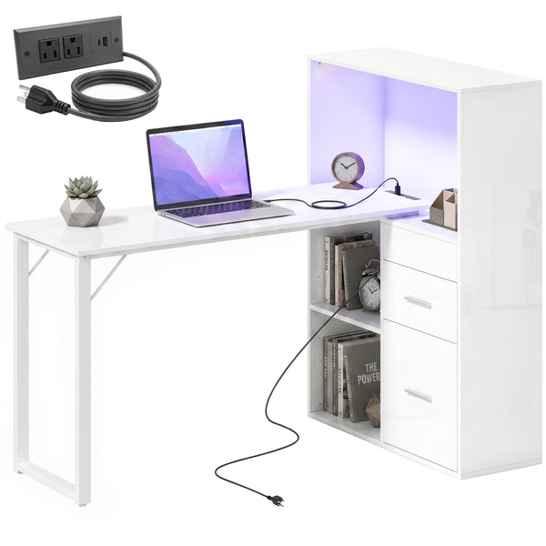 Bureau d'ordinateur 54" avec tiroirs et rangement, prises électriques et éclairage LED, blanc