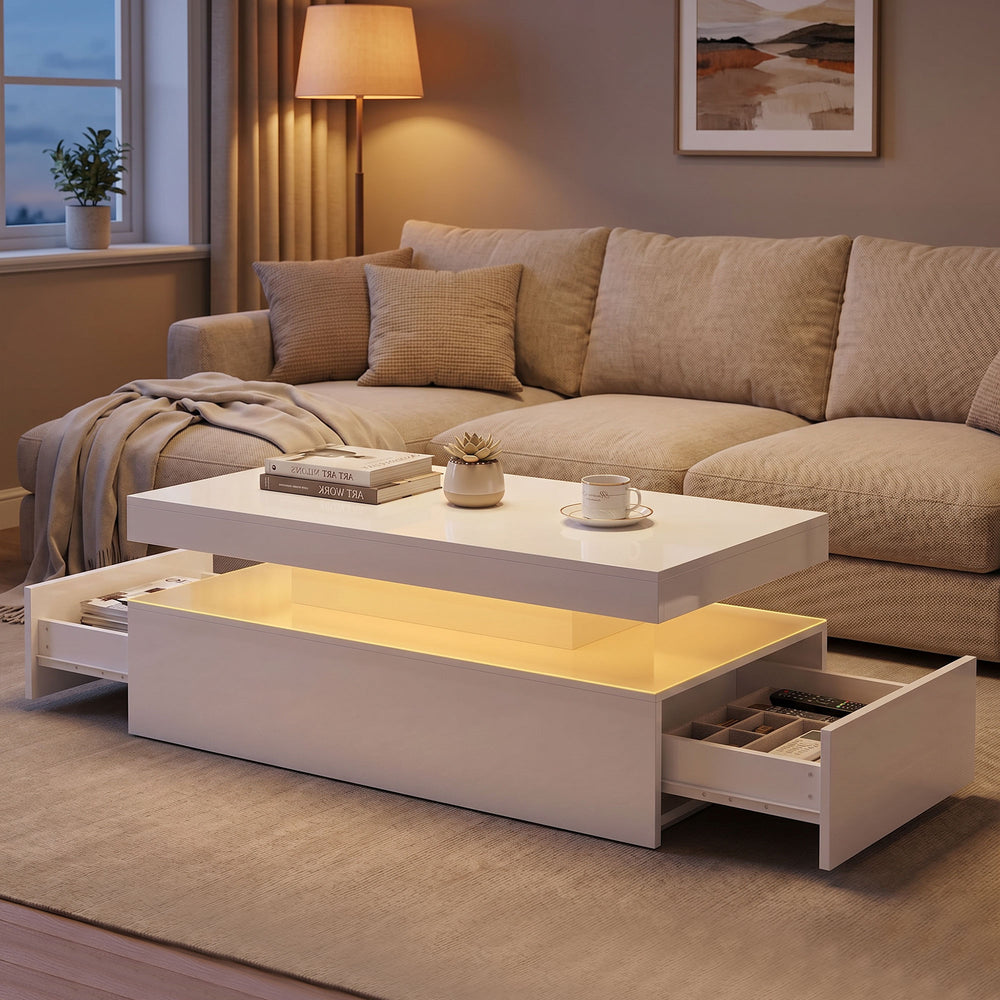 High-gloss white 2-tier 2-drawer coffee table with storage for living room